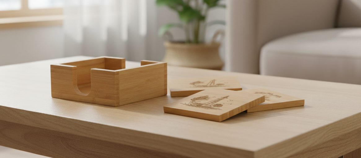 Wooden coffee table with decorative items in a living room setting