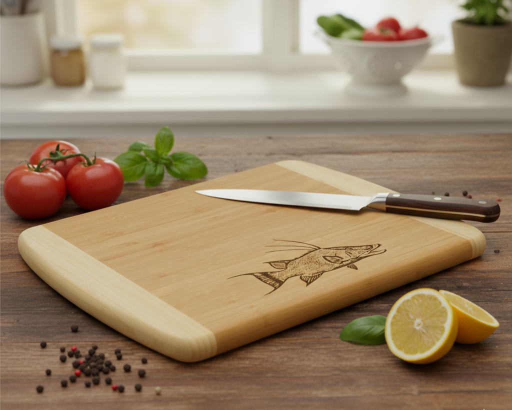 Bamboo cutting board with fish engraving on a kitchen counter with tomatoes, basil, and lemons.