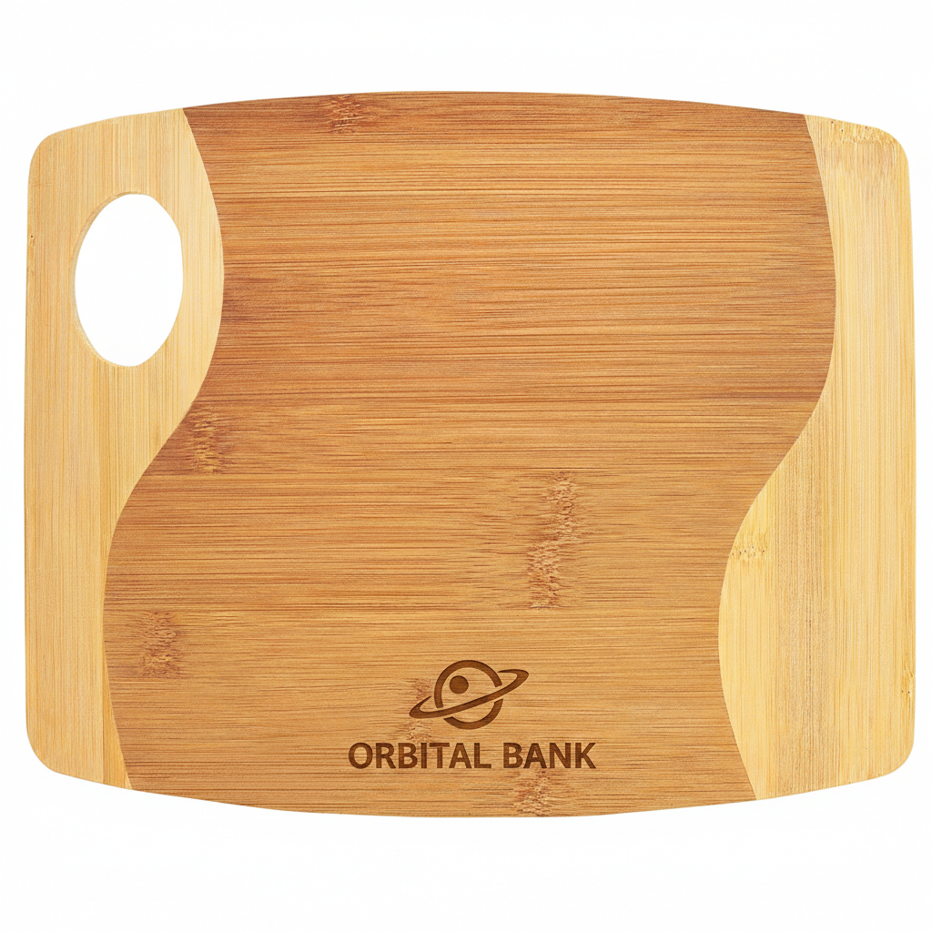 Wooden cutting board with 'Orbital Bank' logo on a white background