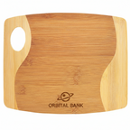 Wooden cutting board with 'Orbital Bank' logo on a white background
