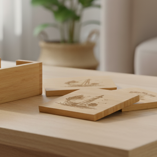 Wooden coffee table with decorative items in a living room setting