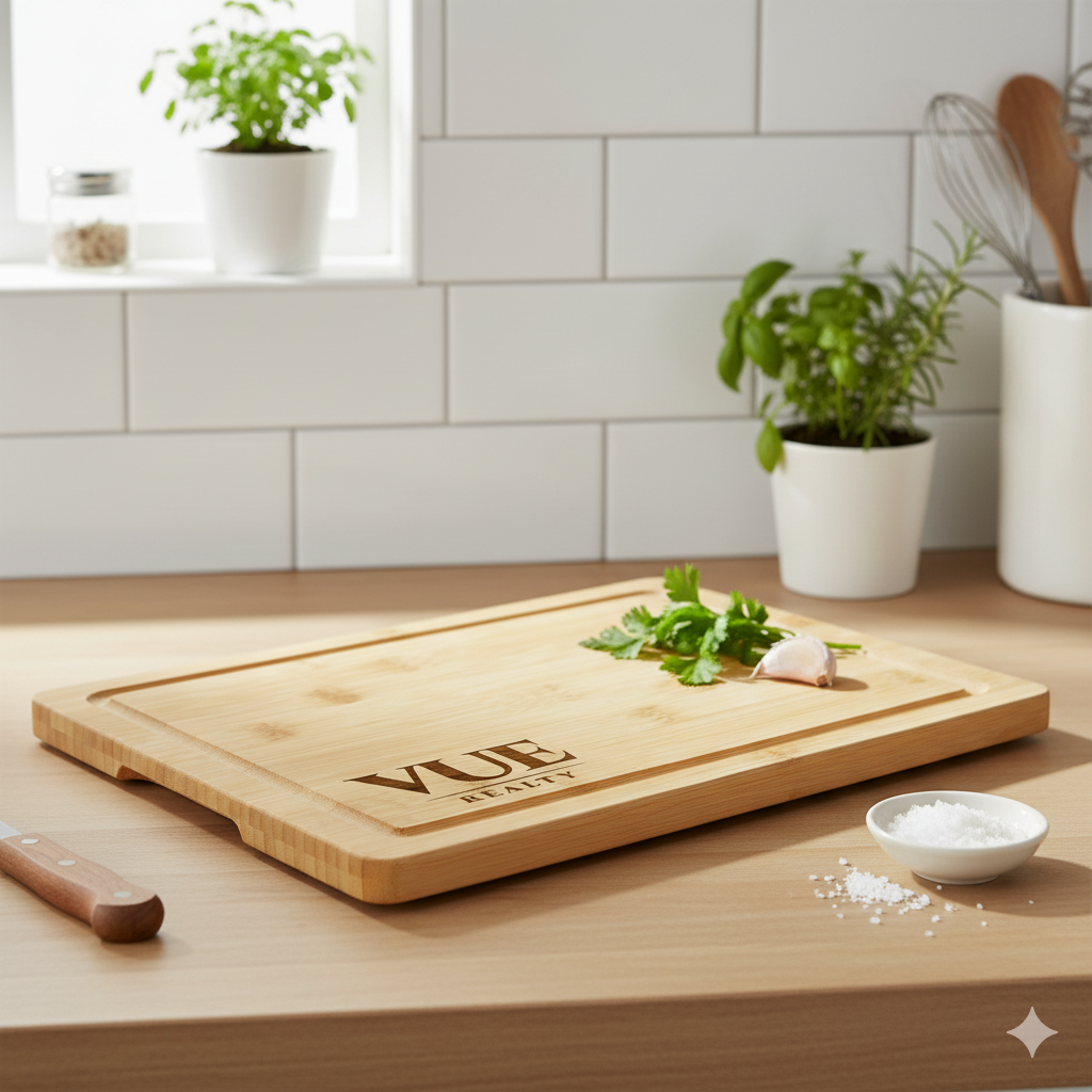 Wooden cutting board with 'VUE' branding on a kitchen counter.