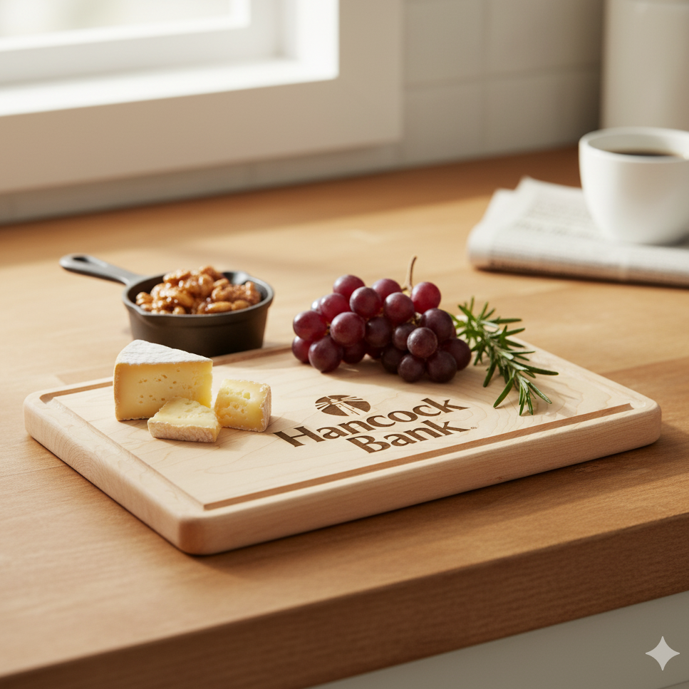 Wooden cutting board with cheese, grapes, and nuts on a kitchen counter with 'Hancock Bank' branding.