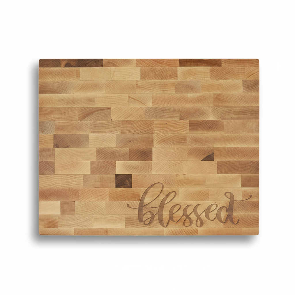 Wooden carving board with 'blessed' engraving on a gray background