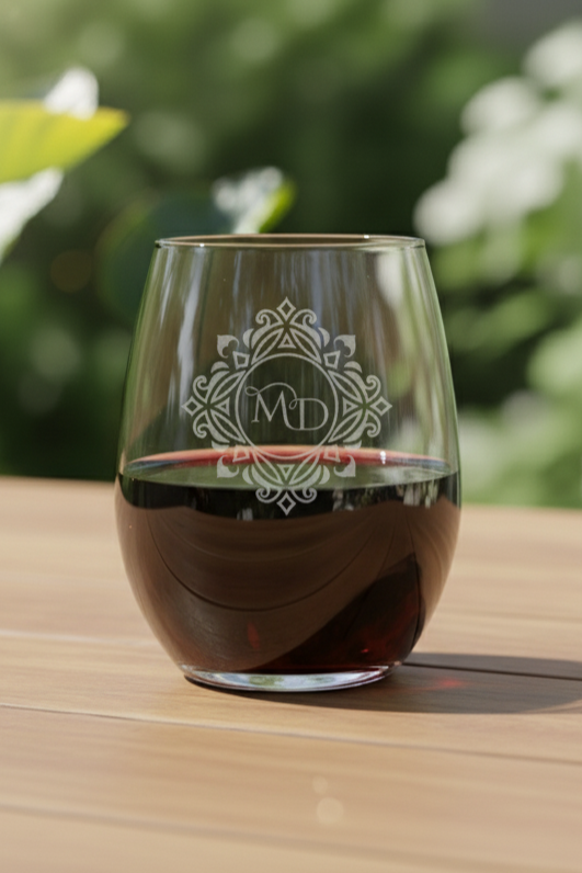 Glass of dark liquid with a logo on a wooden surface with a blurred green background