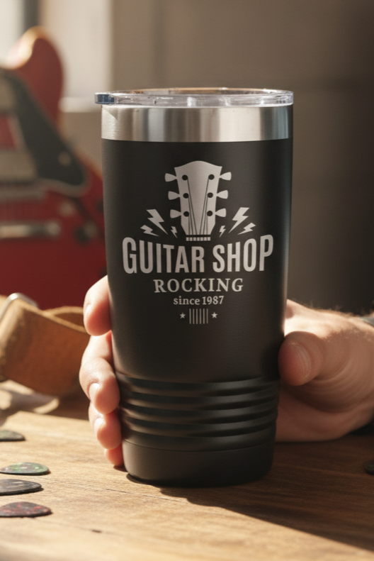 Person holding a black tumbler with 'Guitar Shop Rocking' text in a guitar shop setting