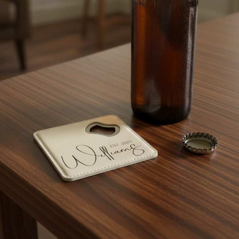 Brown beer bottle with a bottle opener on a wooden table