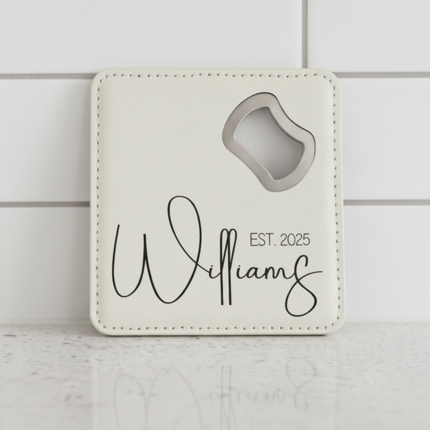 White Bottle Opener Coaster with 'Williams' and 'EST. 2025' text on a tiled wall background