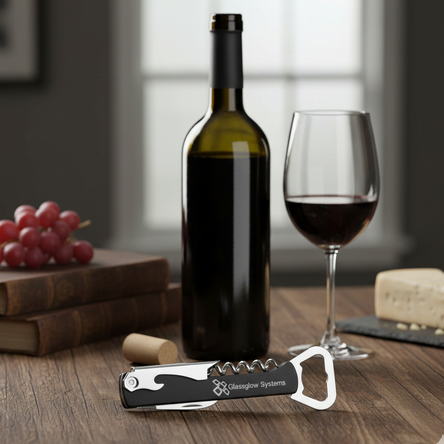 Wine bottle, glass, cheese, grapes, and a corkscrew on a wooden table.