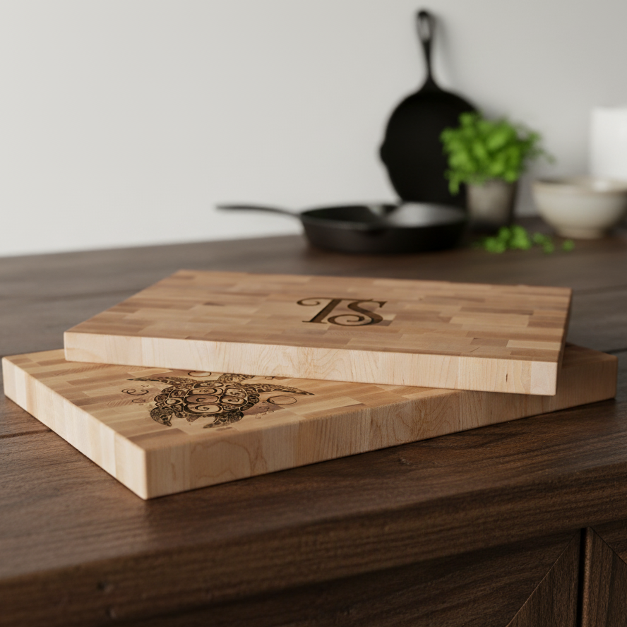 Two wooden cutting boards with engraved designs on a wooden surface.