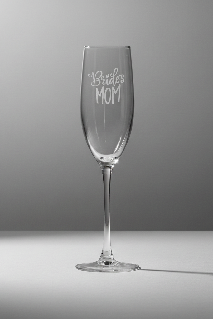 Clear champagne flute with 'Bride's Mom' engraving on a gray background