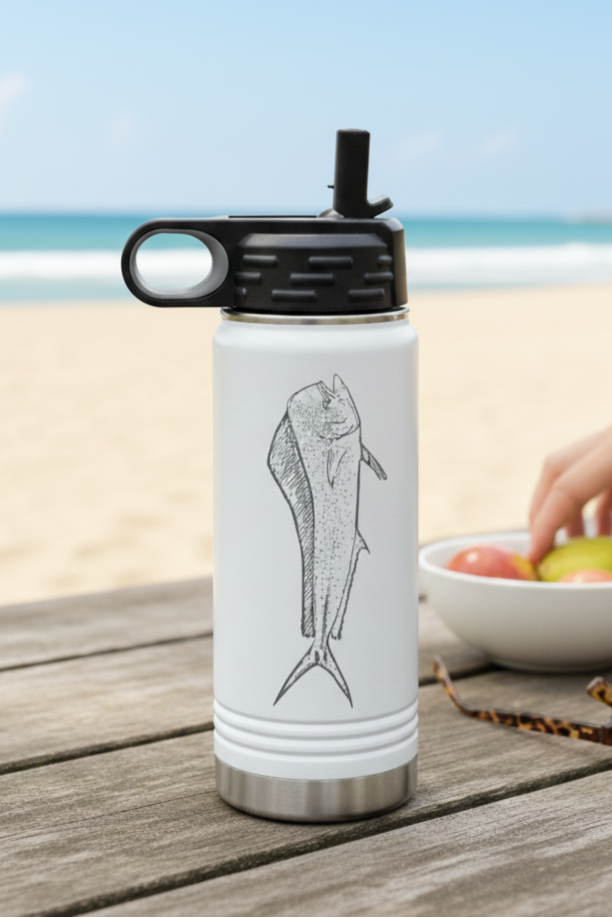 White water bottle with fish design on a wooden table by the beach
