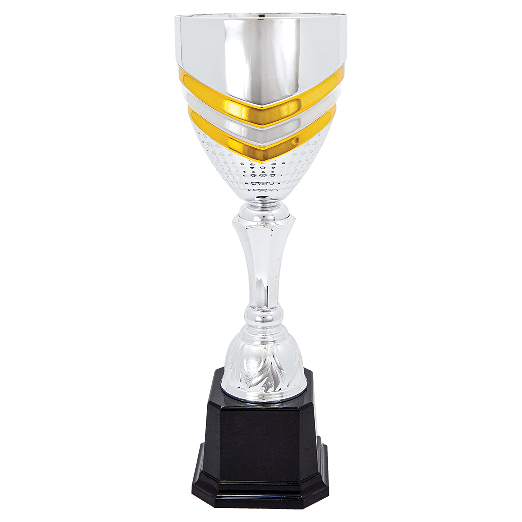 Silver Gold Accented Metal Cup Trophy on Plastic Base
