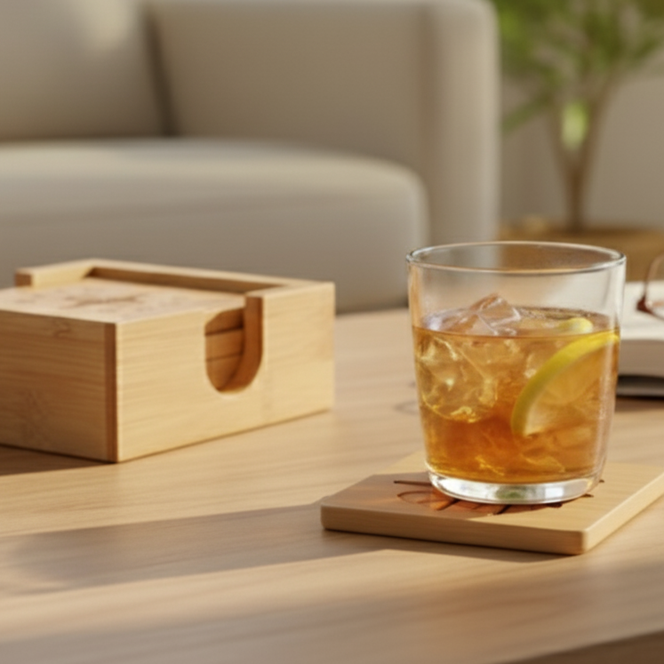 Glass of iced tea with lemon on a wooden coaster next to a wooden coaster holder on a table.