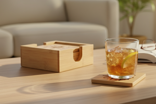 Custom Engraved 4-Piece Bamboo Coaster Set with Holder