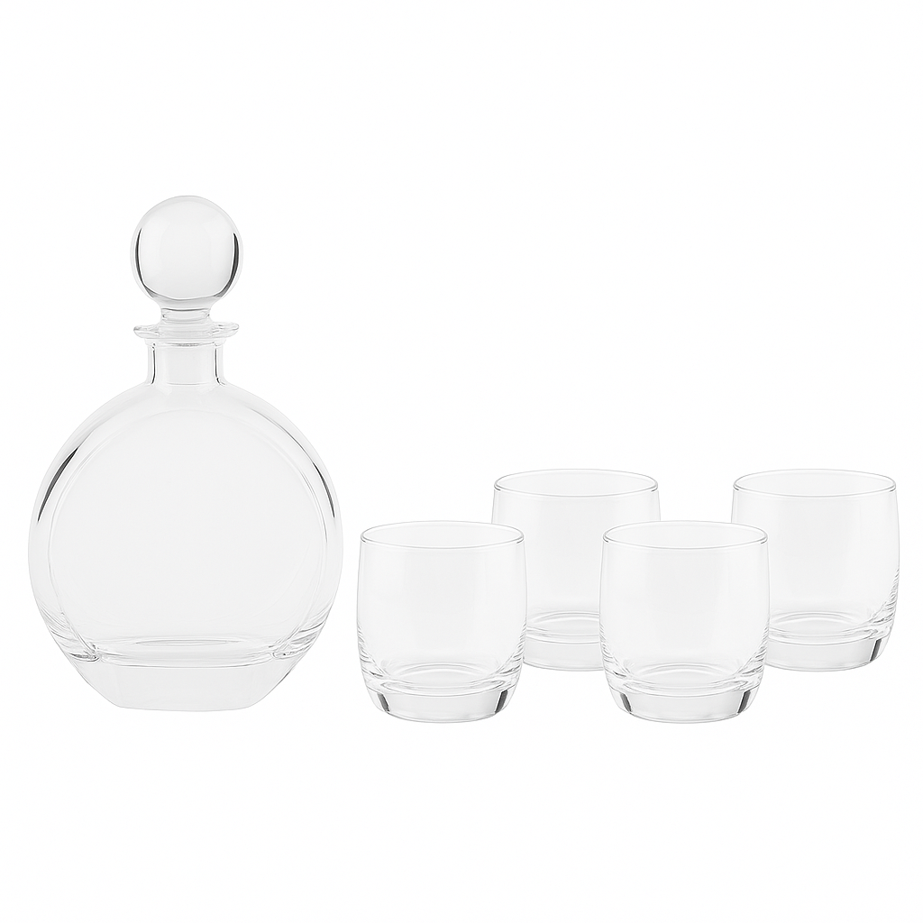 Custom Round Flat Engraved Whiskey Decanter Set with 4 Glasses