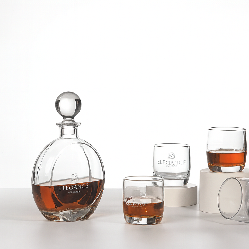 Custom Round Flat Engraved Whiskey Decanter Set with 4 Glasses