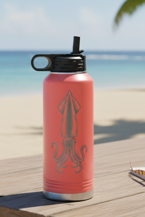 Coral water bottle with black lid on a wooden table by the beach - Engraved with Squid