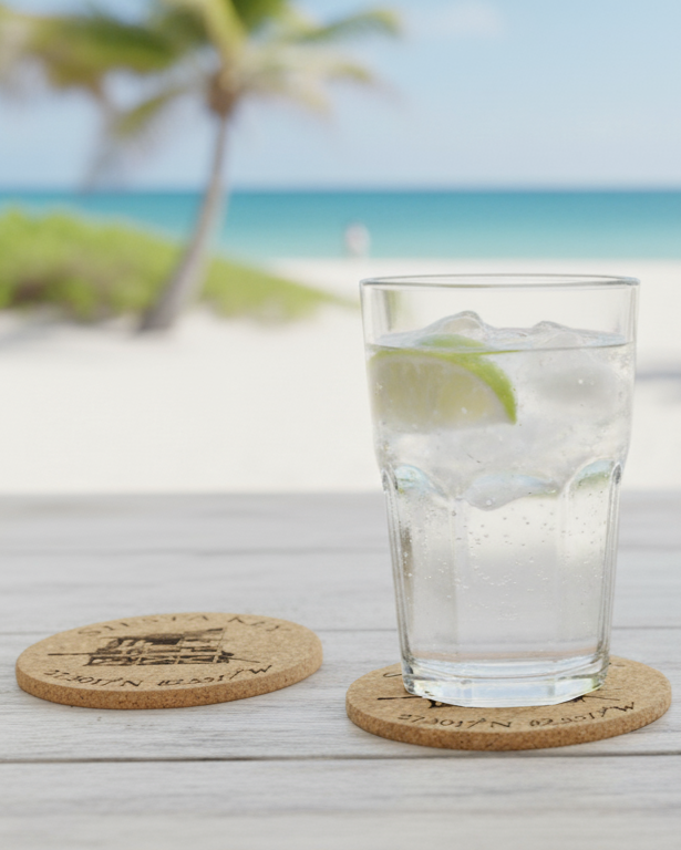 Glass of water with lemon, sunglasses, and book on a wooden table by the beach.