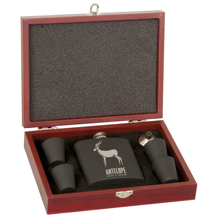6 oz. Stainless Steel Flask Set in Wood Presentation Box