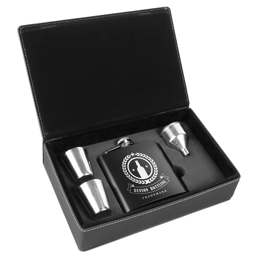 6 oz. Flask Set in Black/Silver Laserable Leatherette Box