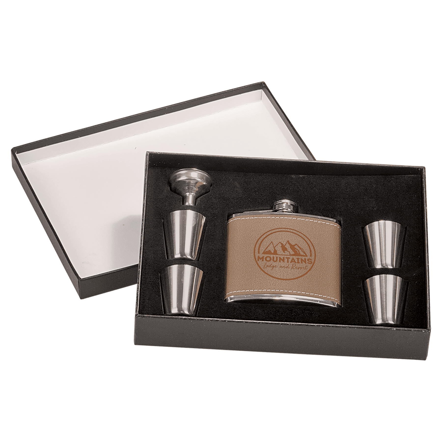 6 oz. Flask Set with 4 Shot Glasses in Black Presentation Box