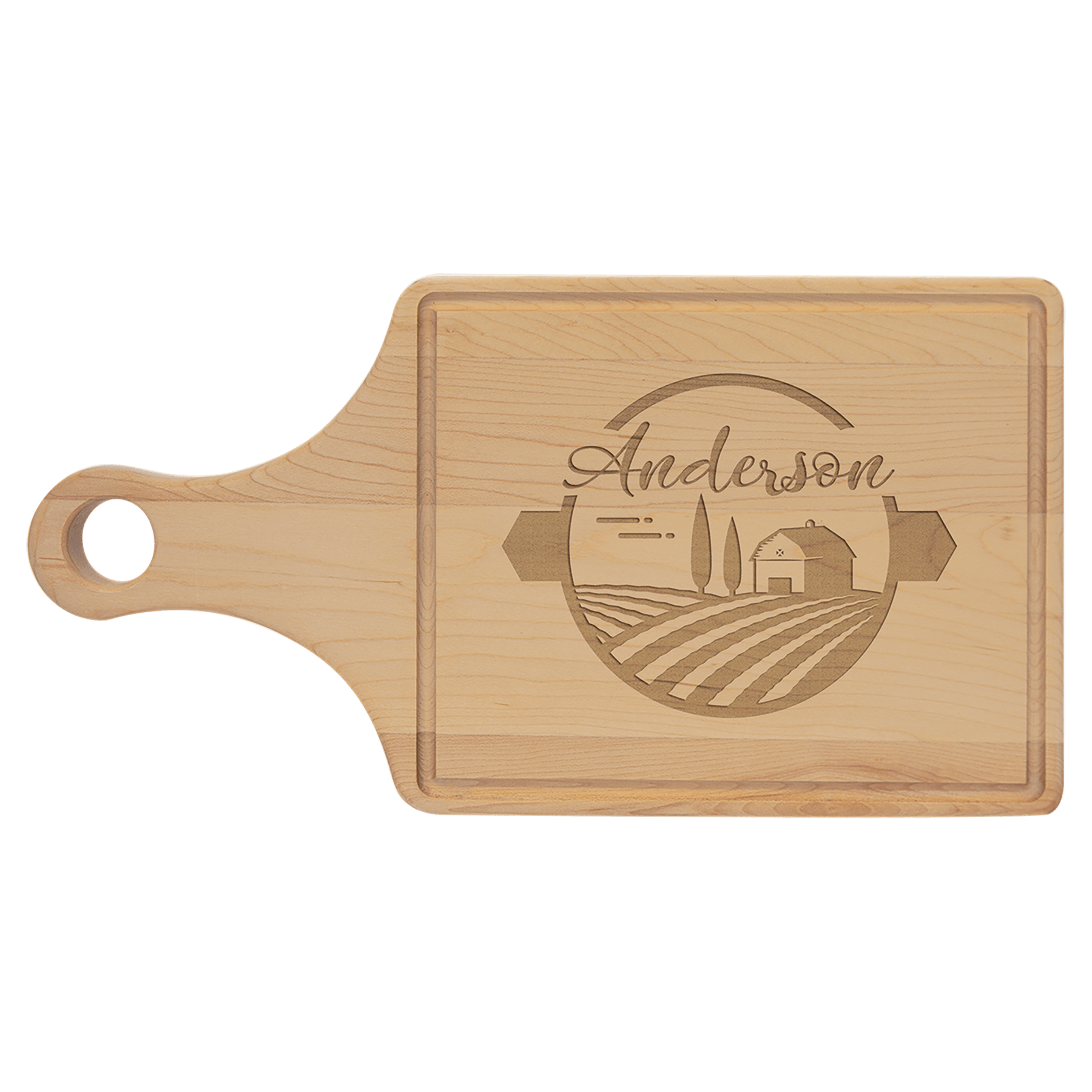 0943m - Custom Maple Cutting Board Paddle Shape with Drip Ring