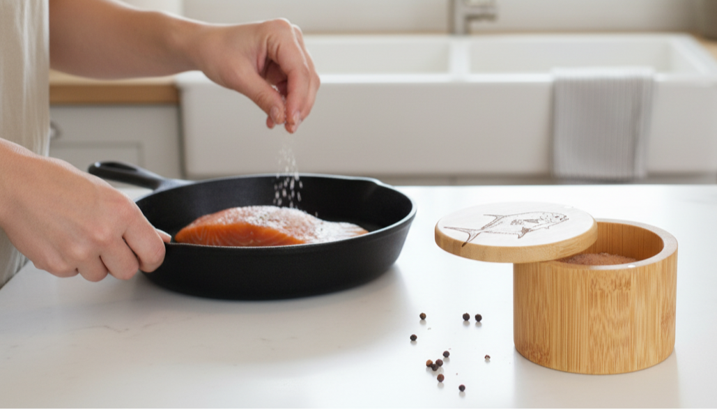 Person seasoning food in a pan on a kitchen counter with a bamboo salt box nearby.