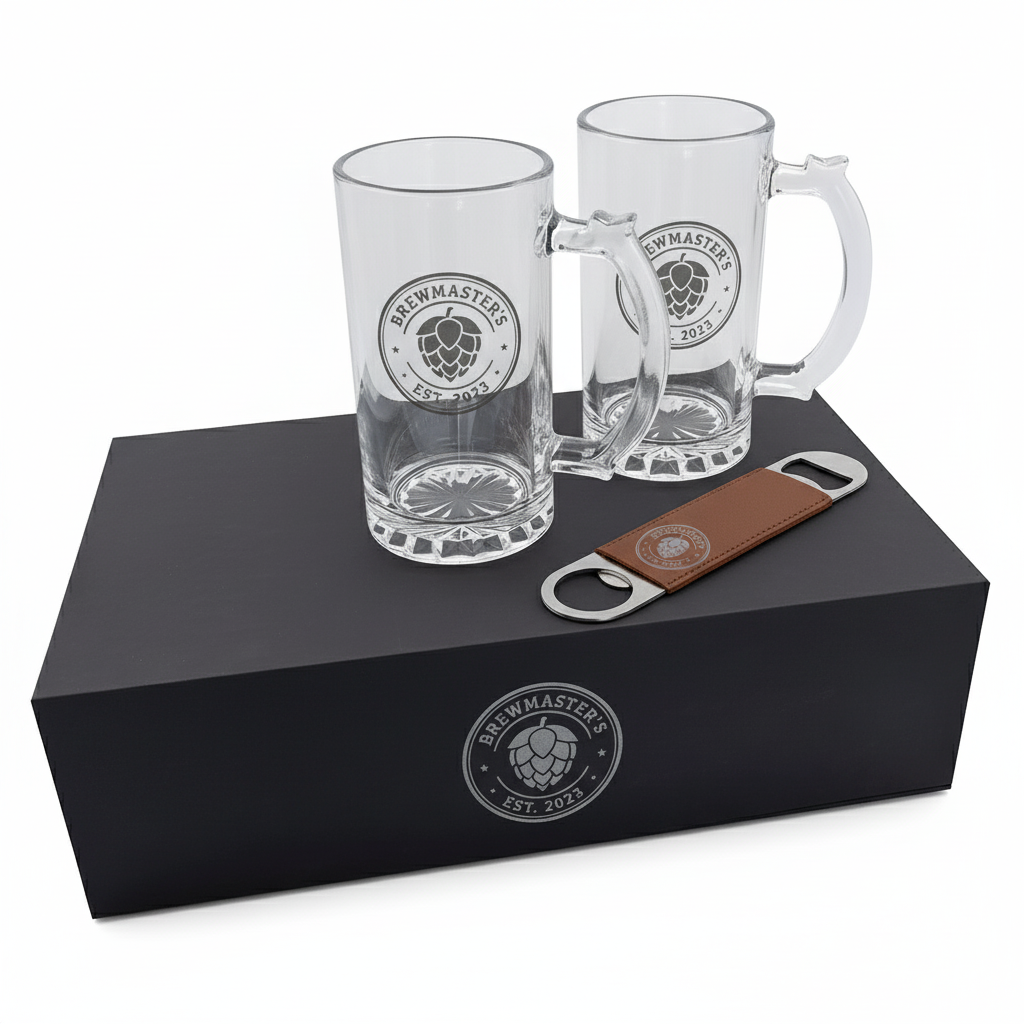 Custom Engraved Beer Gift Set with Mugs & Bottle Opener