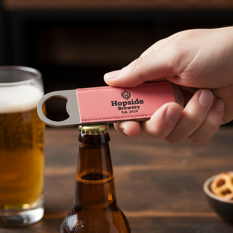 Hand holding a pink bottle opener with 'Hopside Brewery' branding over a beer bottle on a bar setting.