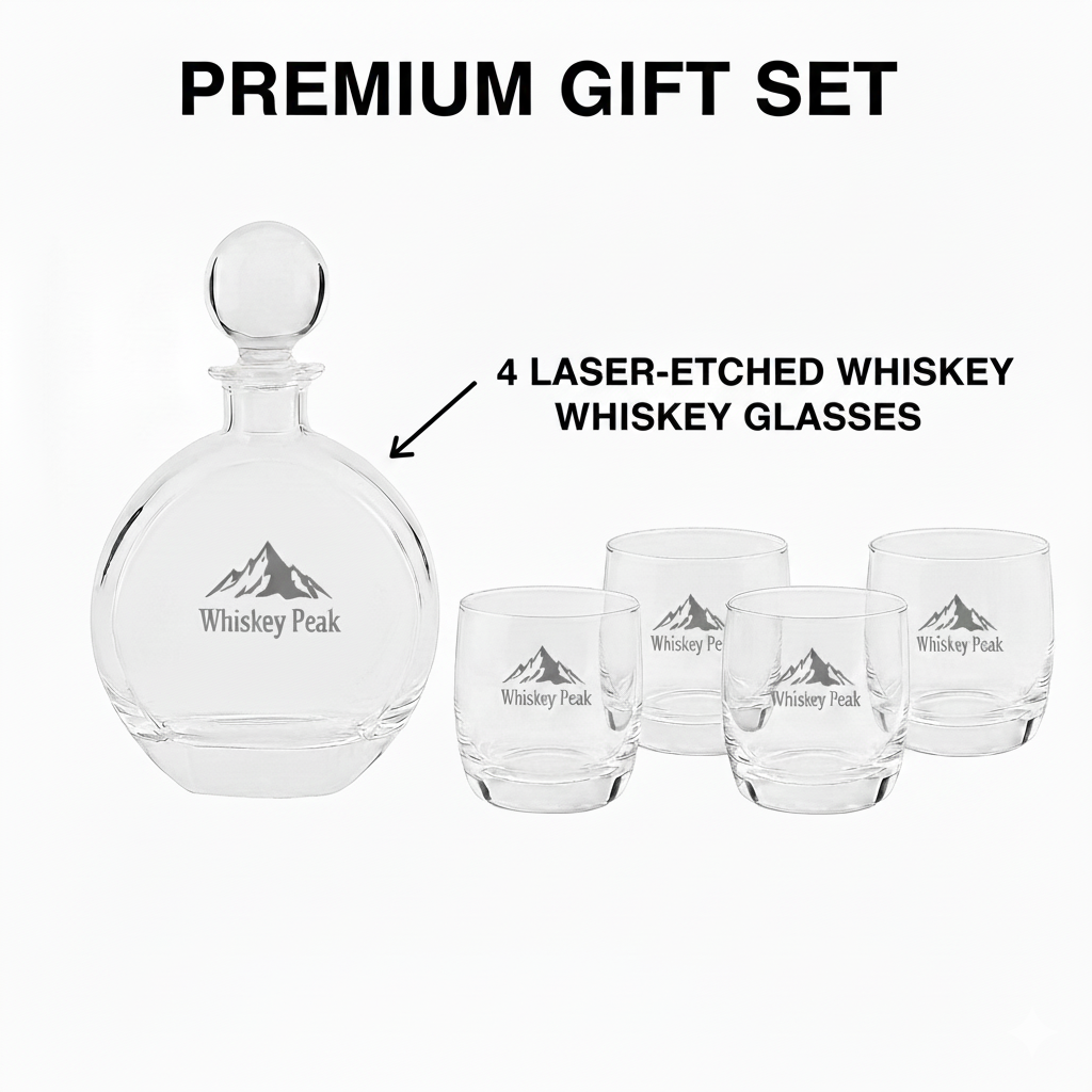 Custom Round Flat Engraved Whiskey Decanter Set with 4 Glasses