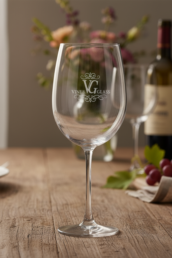 Wine glass with engraved logo on a wooden table with wine bottle and grapes.