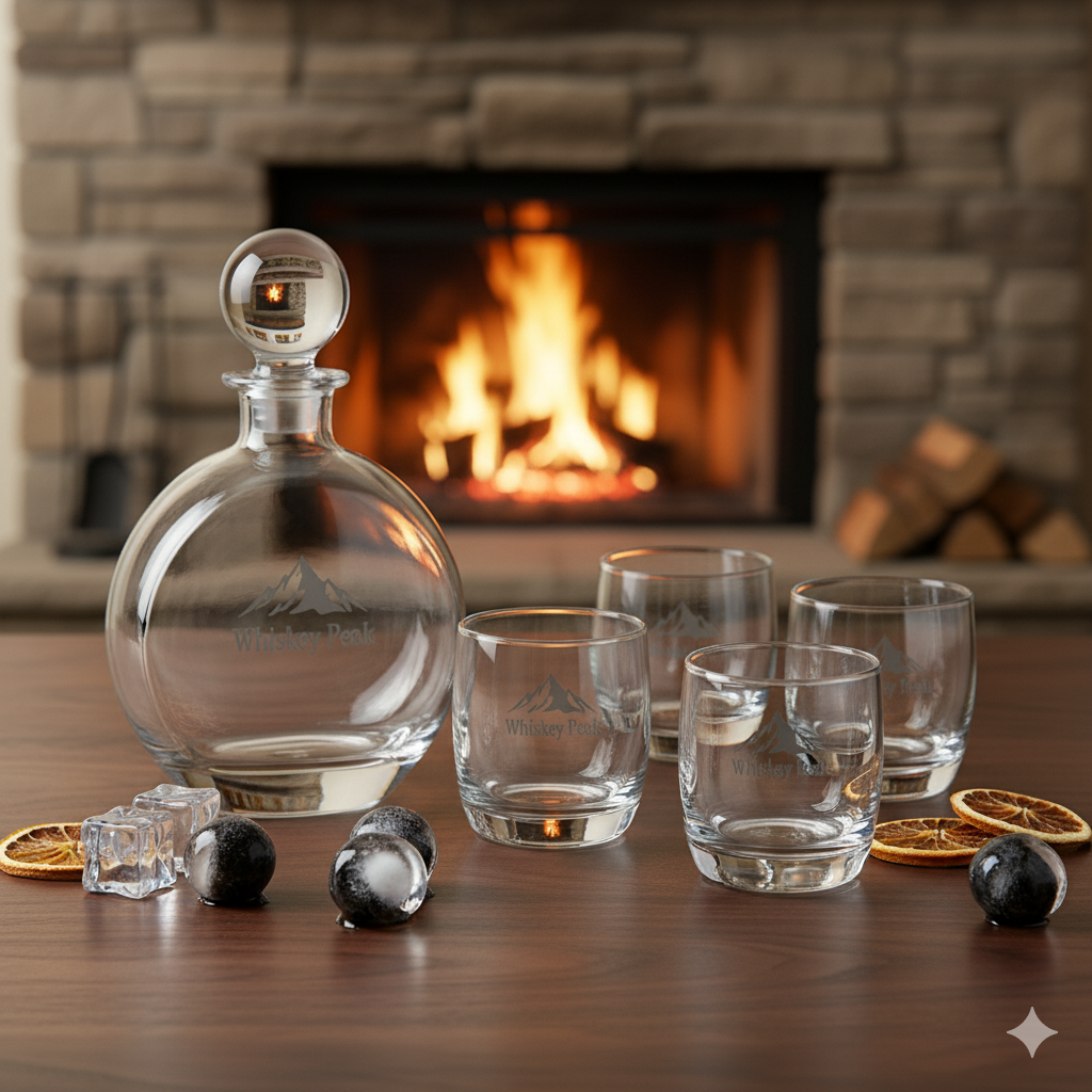 Custom Round Flat Engraved Whiskey Decanter Set with 4 Glasses