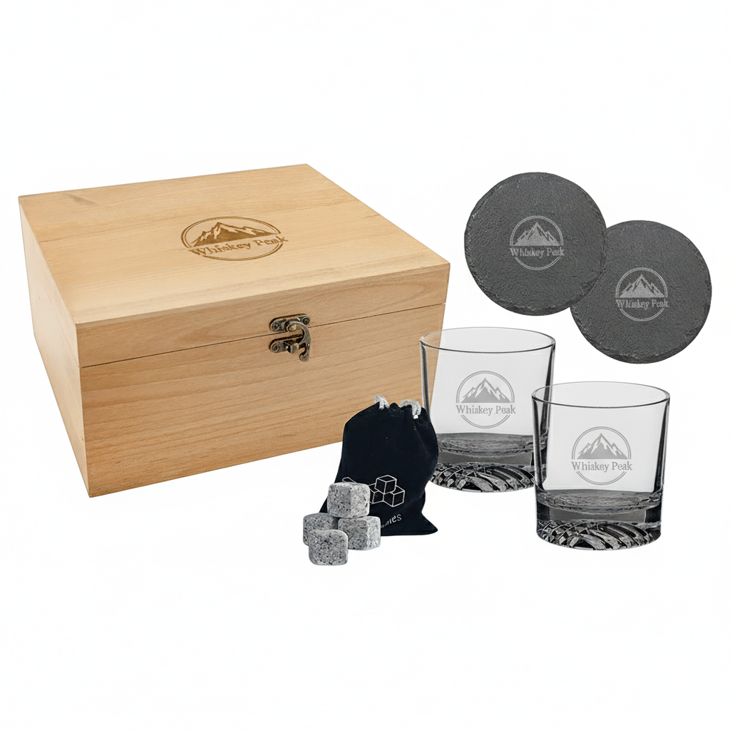 Custom Engraved Whiskey Gift Set with Wooden Box
