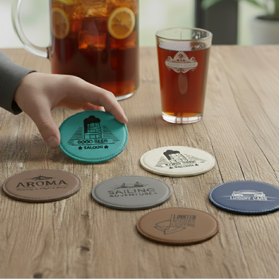 Coasters with various designs on a wooden table with drinks in the background