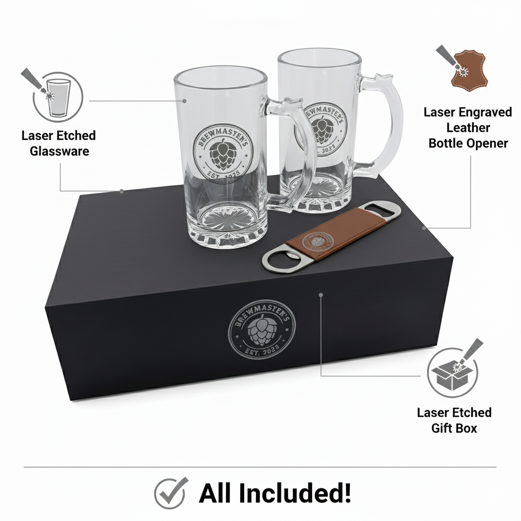 Custom Engraved Beer Gift Set with Mugs & Bottle Opener