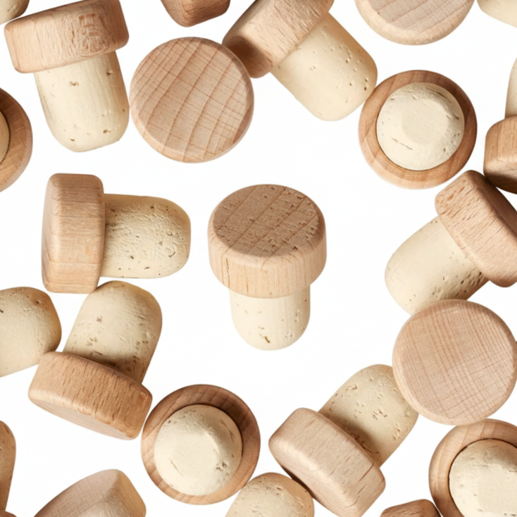 Wooden bottle caps scattered on a white background with a visible brand logo.