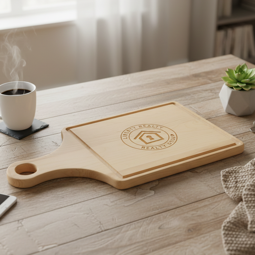 0943m - Custom Maple Cutting Board Paddle Shape with Drip Ring