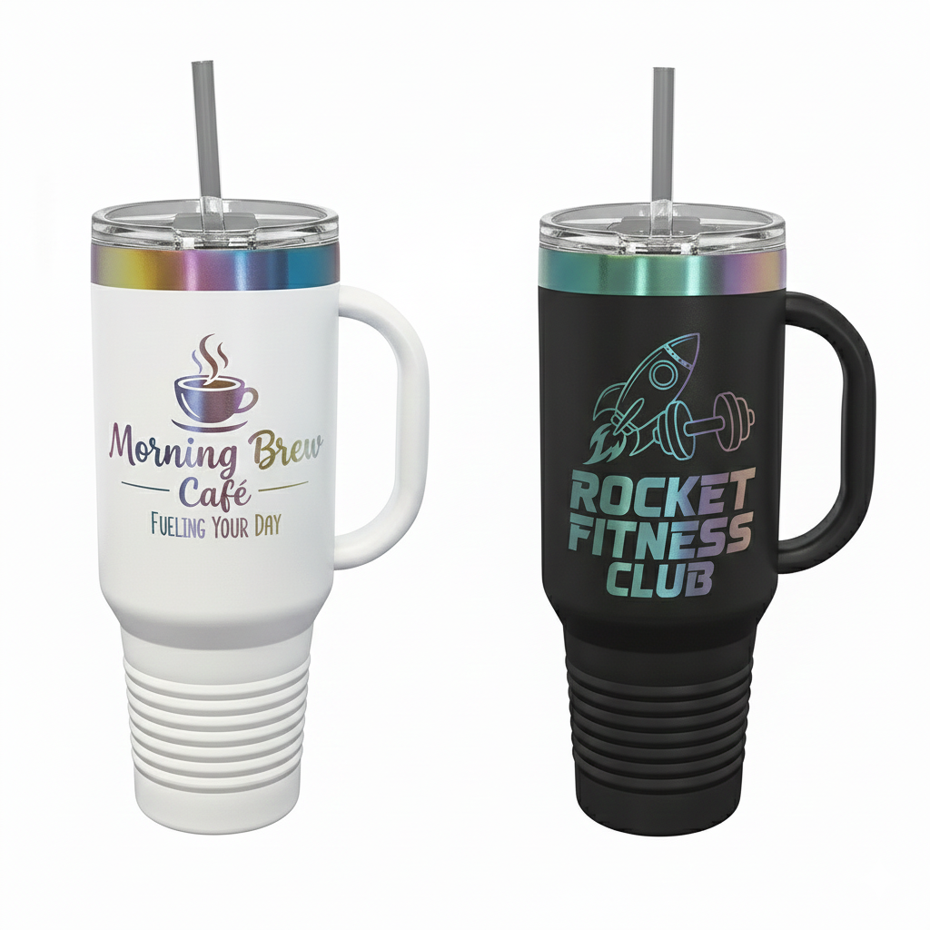 Custom 40 oz. Prism Travel Mug with Handle & Straw in White or Black