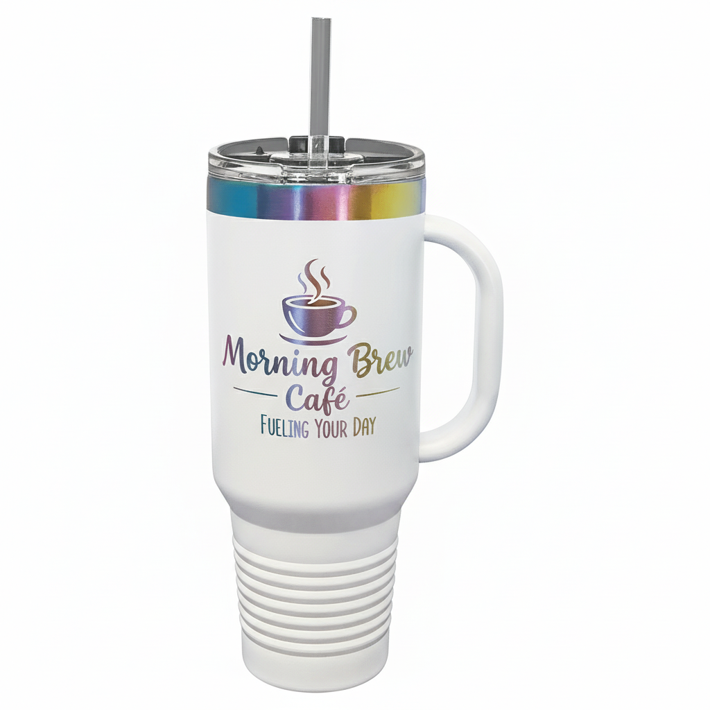 Custom 40 oz. Prism Travel Mug with Handle & Straw in White or Black