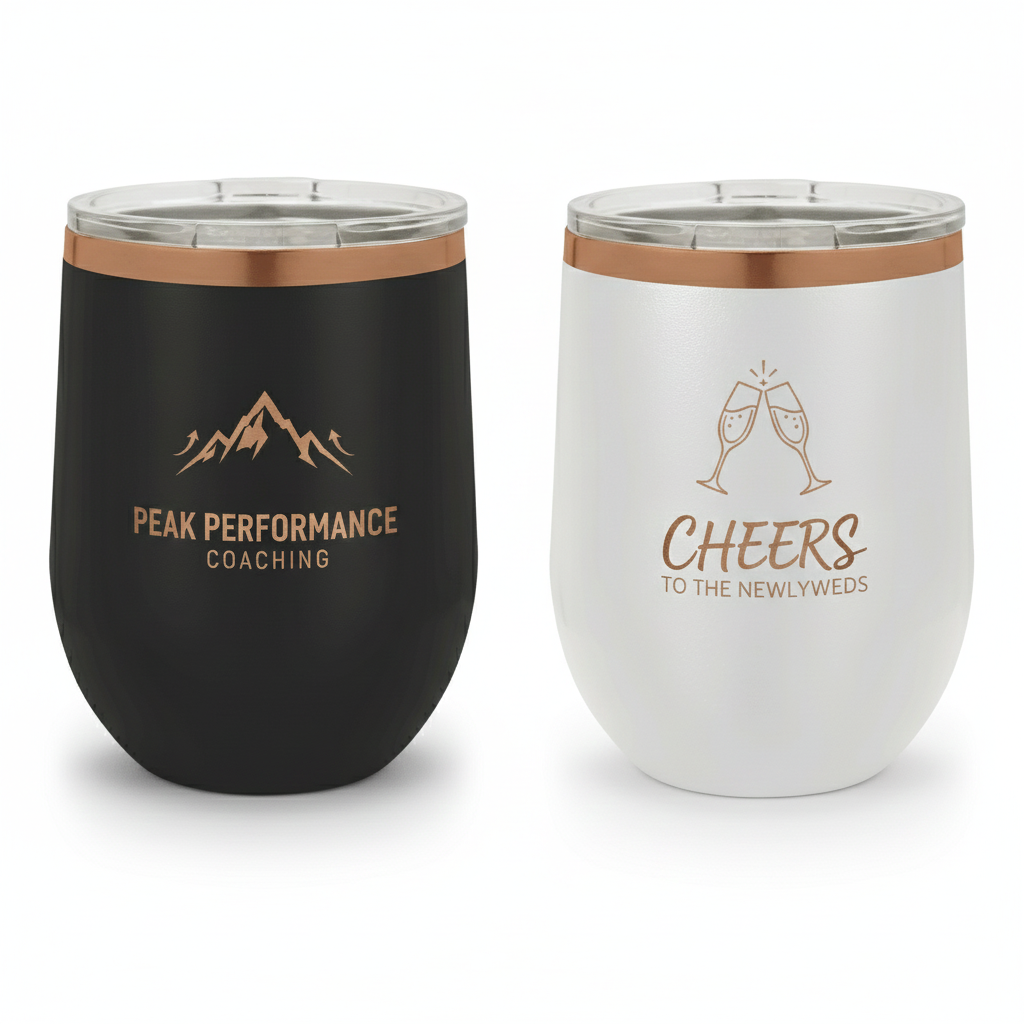 Custom 12 oz. Black or White Rose Gold Stemless Wine Tumbler