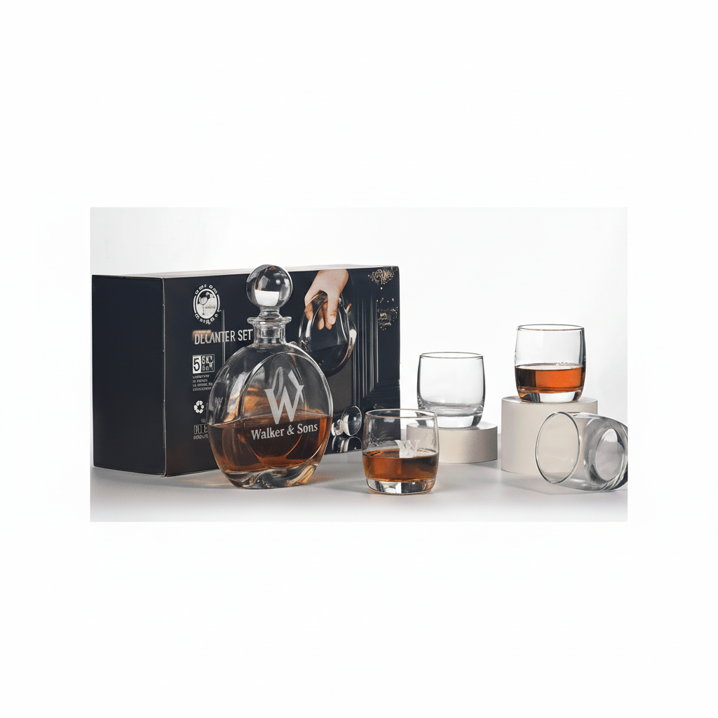 Custom Round Flat Engraved Whiskey Decanter Set with 4 Glasses