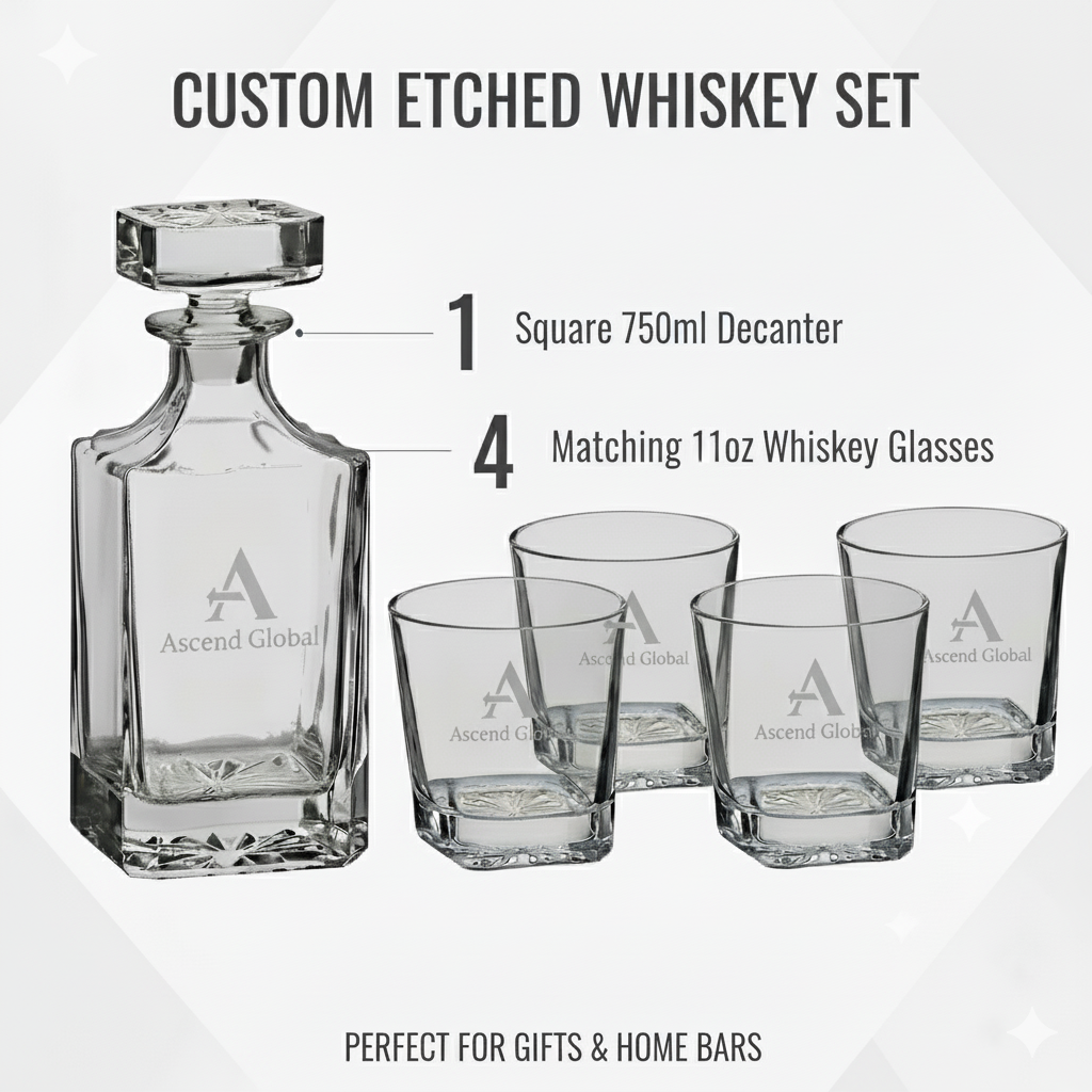 Custom Square Whiskey Decanter Set with 4 Glasses