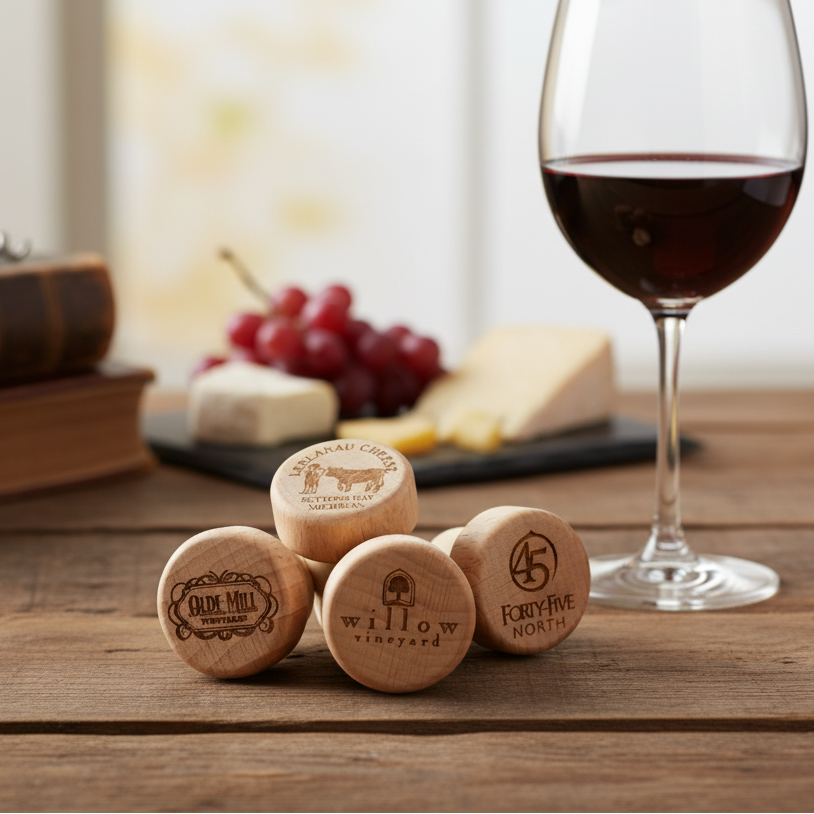 Wine corks with engraved logos on a wooden table with a glass of red wine and snacks.