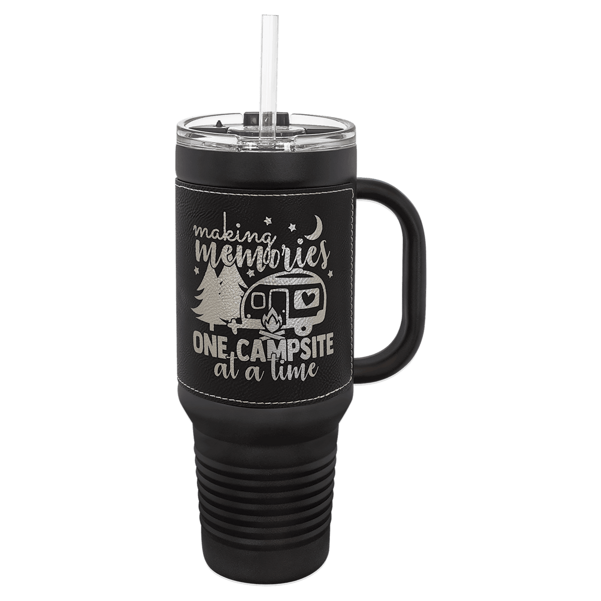 40 oz. Black with Laserable Leatherette Travel Mug with Handle & Straw