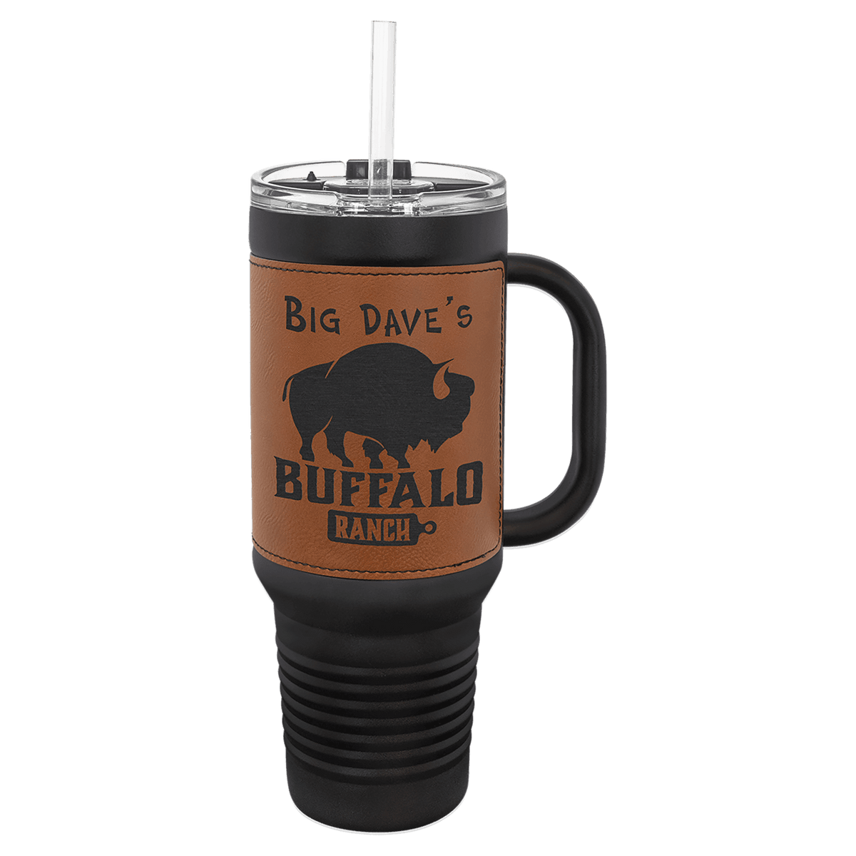40 oz. Black with Laserable Leatherette Travel Mug with Handle & Straw