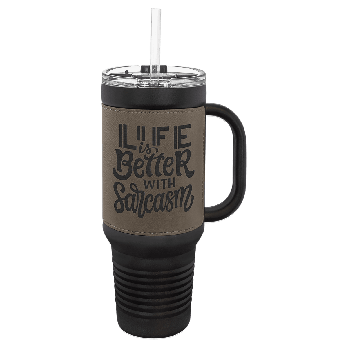 40 oz. Black with Laserable Leatherette Travel Mug with Handle & Straw
