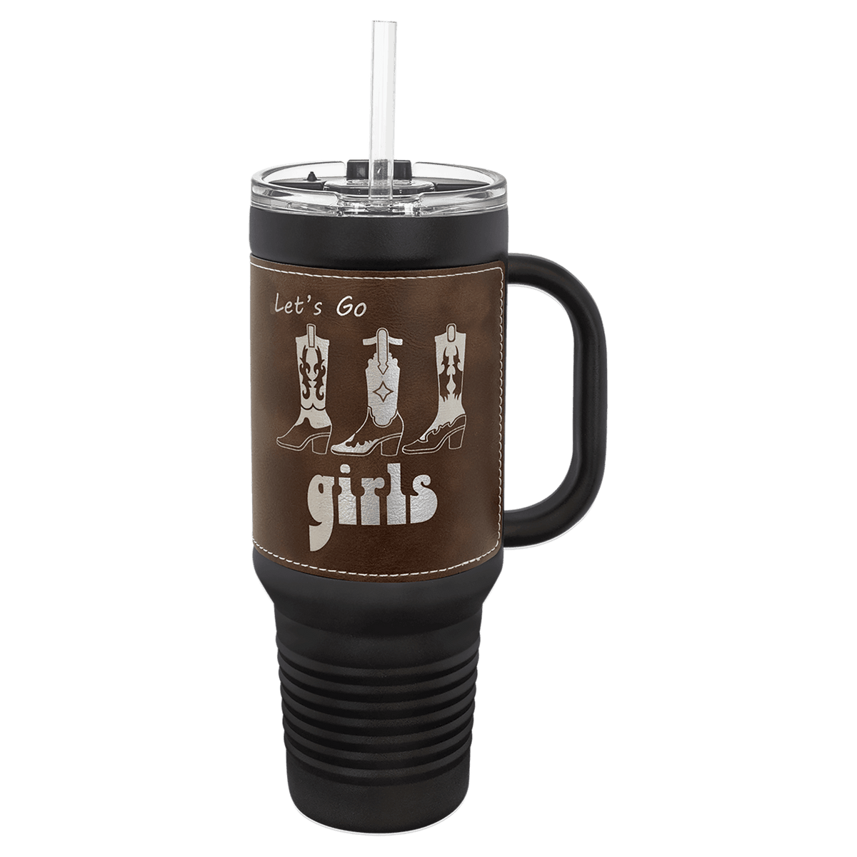 40 oz. Black with Laserable Leatherette Travel Mug with Handle & Straw