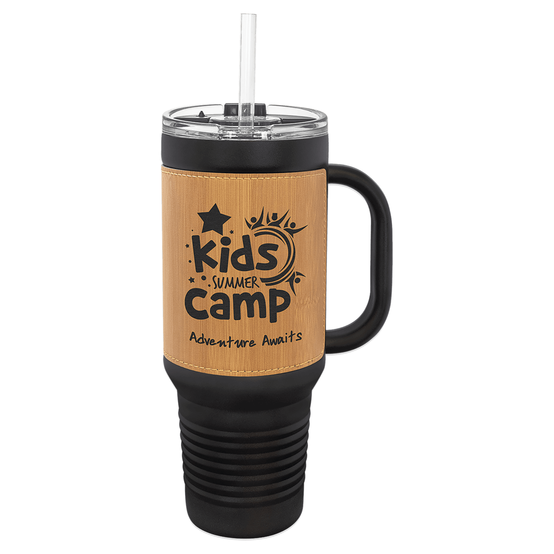40 oz. Black with Laserable Leatherette Travel Mug with Handle & Straw