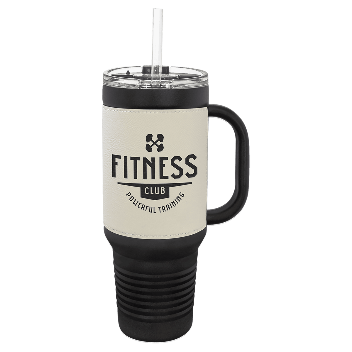 40 oz. Black with Laserable Leatherette Travel Mug with Handle & Straw